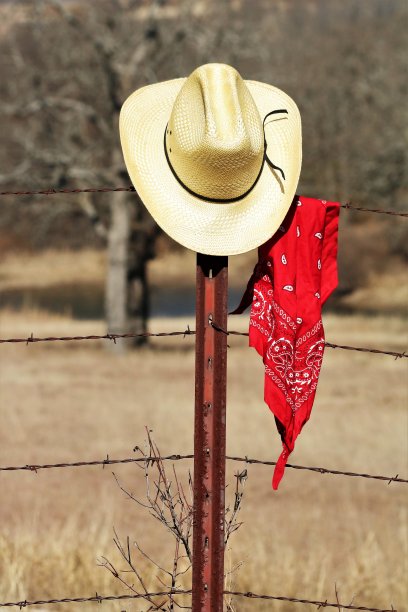 挂在栅栏上的牛仔帽和红色大手帕图片下载