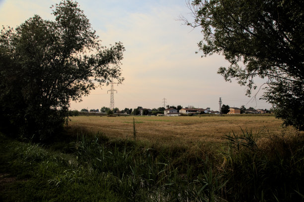 村庄和日落时被树木包围的田野前的道路图片下载
