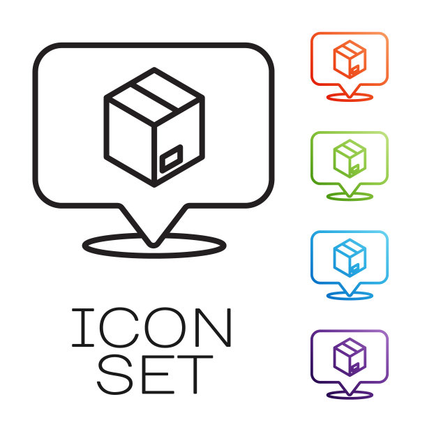 黑线位置与纸板箱图标隔离在白色背景。配送服务、物流运输、配送。设置图标丰富多彩。向量图片下载