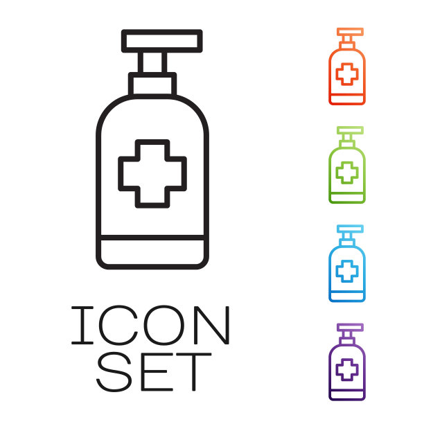 黑色线瓶液体抗菌肥皂与分配器图标隔离在白色背景。防腐剂。消毒，卫生，护肤。设置图标丰富多彩。向量图片下载