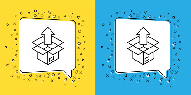 开箱图标隔离在黄色和蓝色的背景上。向量图片下载