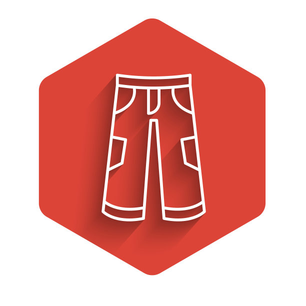 白线裤子图标孤立与长阴影背景。裤子的迹象。红色的六角按钮。向量图片下载