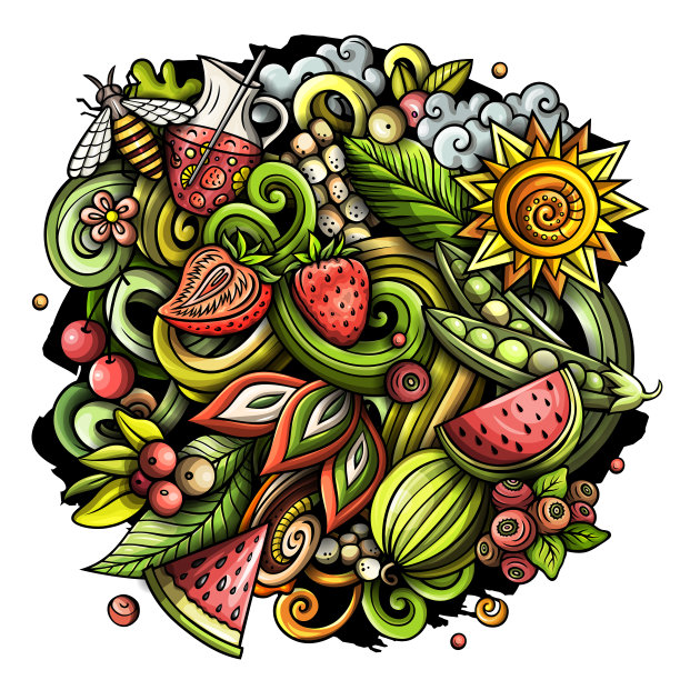 夏天自然矢量涂鸦插图。图片下载