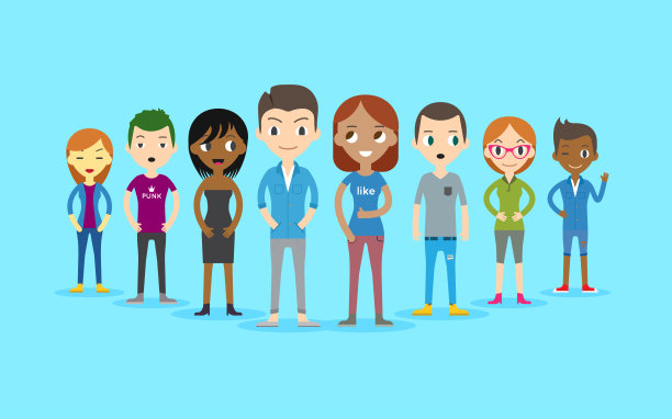 一组滑稽微笑的办公室工作人员或创业团队成员站在一起的照片。一组可爱开朗的男女员工或同事。图片下载