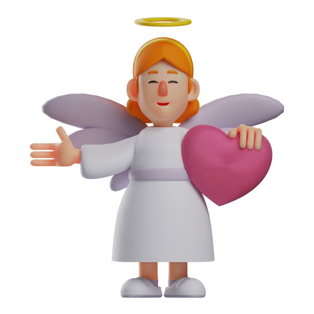 天使3D卡通插图有一个紫色的心图片下载