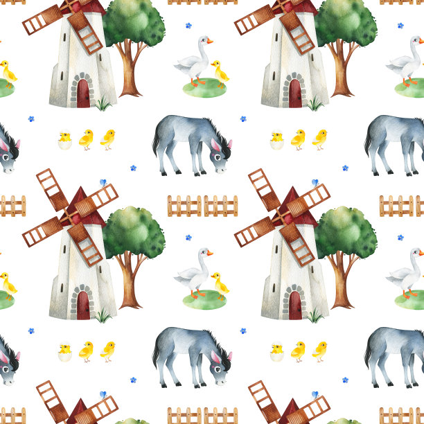水彩无缝模式与风车，树，篱笆，驴，鹅，鸡图片下载
