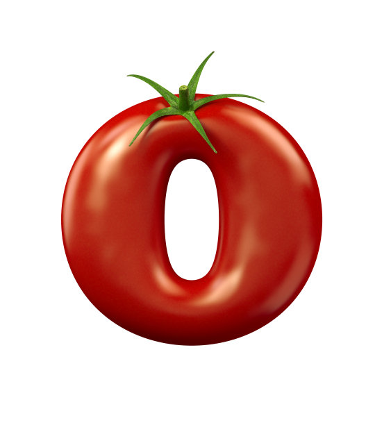 三维渲染红色番茄字母孤立在白色背景。食物符号的字母。图片下载