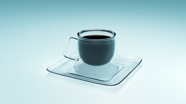 玻璃咖啡杯和咖啡碟，3d。现代玻璃咖啡杯的蓝色背景，3d插图。咖啡杯，3d渲染。时尚广场杯图片下载