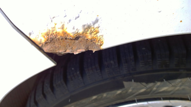 旧白车轮拱处钢板锈蚀。生锈的混乱的表面。受损的垃圾脏的纹理来自道路盐。锈模糊背景。保护汽车的概念。油漆工作。修理。图片下载