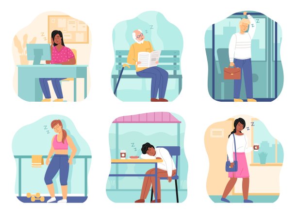 沉睡的人。不同地方的疲惫者，全身孤立的男人和女人，办公室、交通和咖啡馆的疲惫者。悲伤倦怠工作者，低能量矢量卡通集图片下载