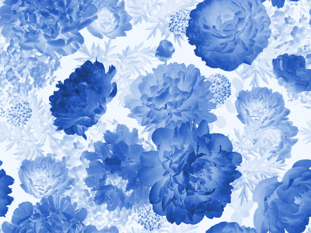 蓝色的花和叶子在白色的背景上。花卉无缝模式。图片下载