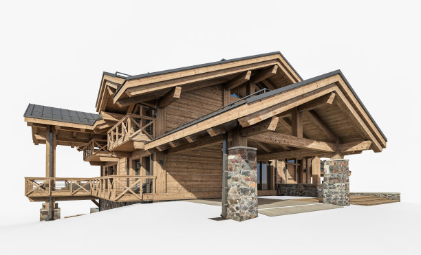 白色背景上的现代舒适小木屋3D渲染图片下载