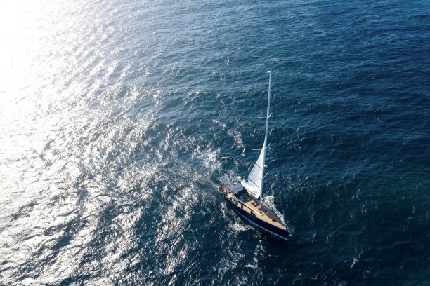 从上面看，令人惊叹的鸟瞰图的帆船航行在蓝色的水在日落。意大利撒丁岛的翡翠海岸。图片下载