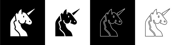 设置独角兽图标孤立在黑色和白色图片下载