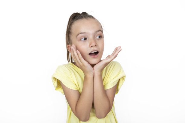 惊讶震惊的孩子，双手放在脸颊上，眼睛睁得大大的。孩子惊喜人像白色背景。图片下载