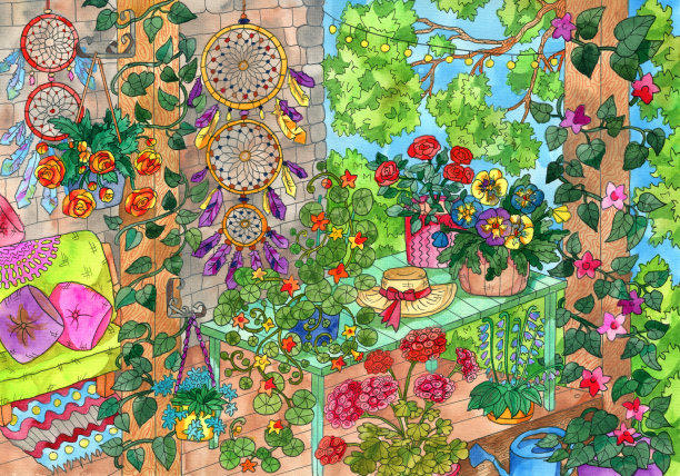 水彩画与鲜花和古董花园物品，木制门廊与家具和波西米亚风格的捕梦网。图片下载