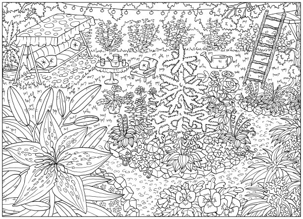 黑色和白色的彩色页花和古董花园对象，盛开的百合，针叶树和秋千。图片下载