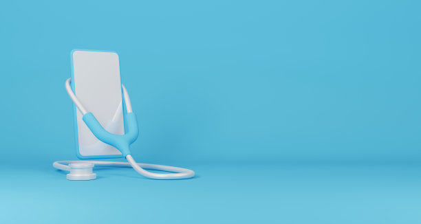 健康的技术创新在线医疗保健。医疗保险和医疗观念。医生听诊器和智能手机在蓝色背景。三维演示图片下载