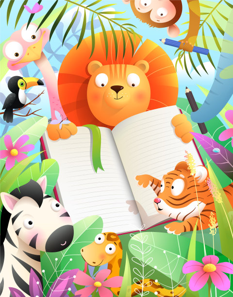 丛林动物在学校学习画画、写作或阅读图片下载