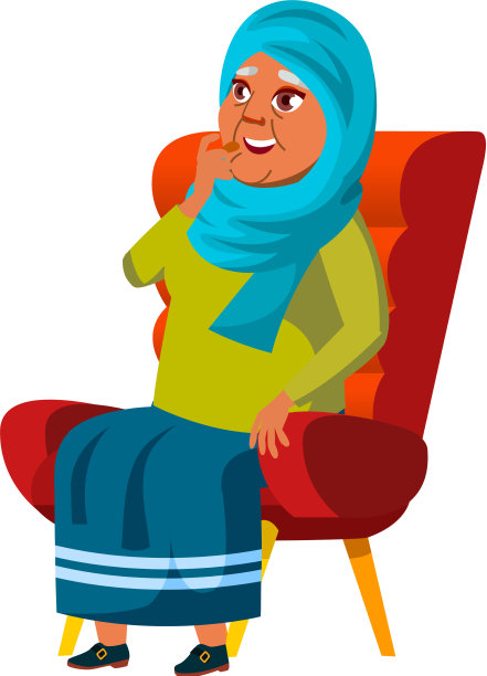 阿拉伯老妇人坐在扶手椅上看滑稽图片下载
