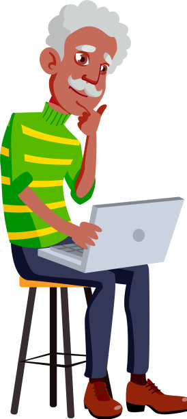 老人在笔记本电脑屏幕上看卡通片图片下载