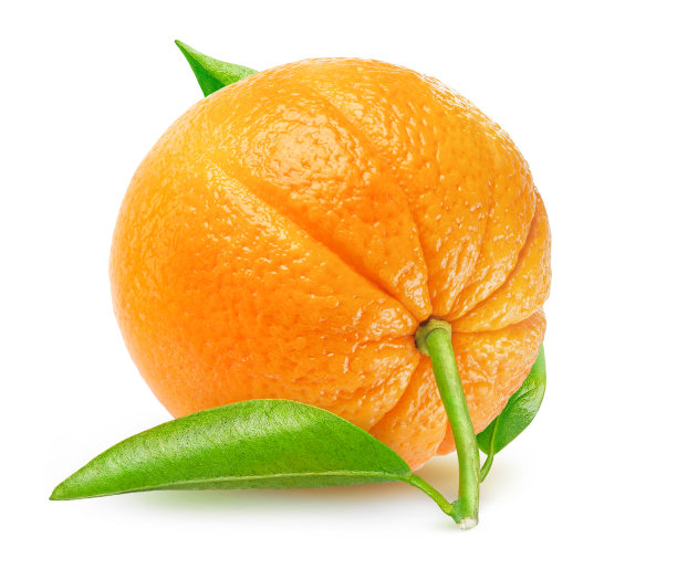 一个完整的橙子与叶子孤立在白色的背景图片下载