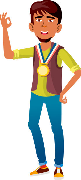 亚洲男孩冠军与奖牌手势ok卡通图片下载