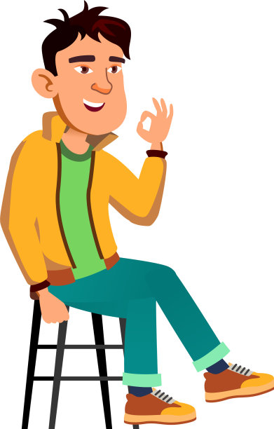 快乐的男孩坐在椅子上，手势ok图片下载
