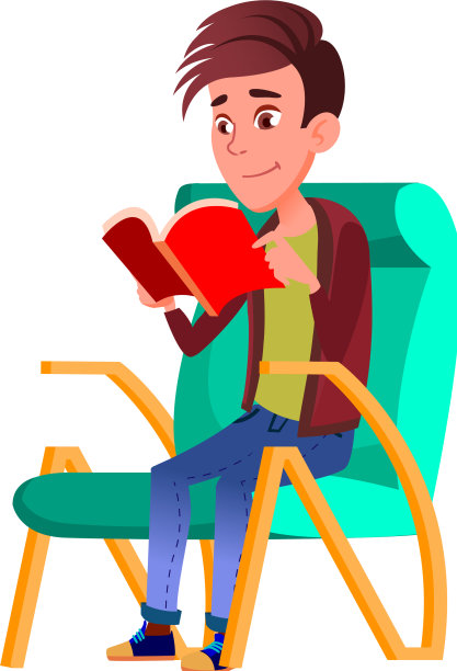 一个白人男孩坐在舒适的扶手椅上看书图片下载