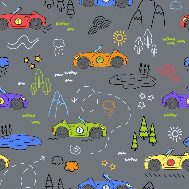 儿童图案与可爱的汽车。有趣的汽车。向量手绘收集装饰儿童的房间与儿童的货物，织物，背景，包装，封面的无缝模式。图片下载