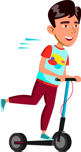 快乐的日本男孩骑着滑板车在城市里图片下载