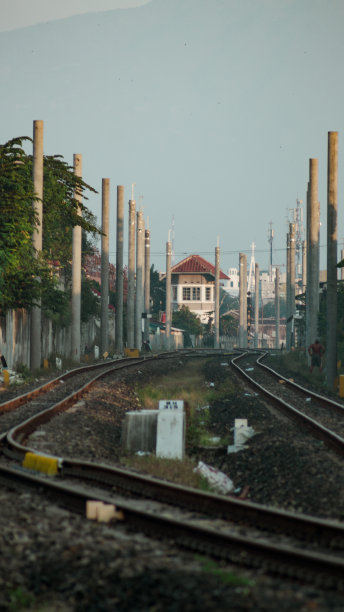 清晨火车轨道温暖的景色;垂直图片下载