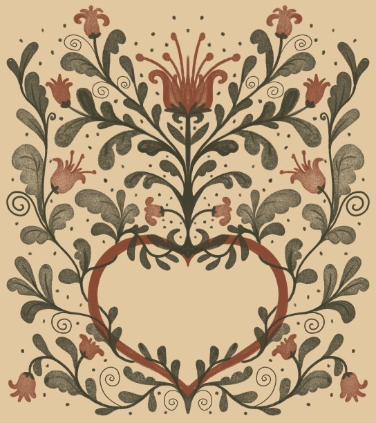 复古风格的卡片与华丽的藤蔓与叶子和花和地方的文字在一个心的形状图片下载