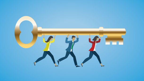 人们拿着成功的钥匙奔跑，金色钥匙。矢量插画。图片下载