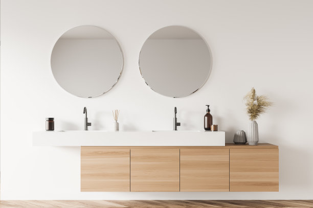 浅米色浴室墙壁与原始梳妆台和圆形镜子图片下载