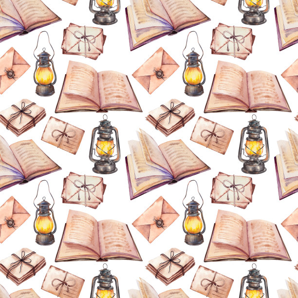 无缝图案与旧书，信封和灯笼。图片下载