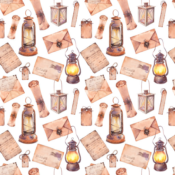 无缝模式与复古纸，信封和复古灯笼。图片下载