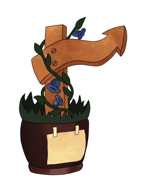 一个带有向上弯曲箭头的木制标志，用一张纸装在一个花盆里图片下载