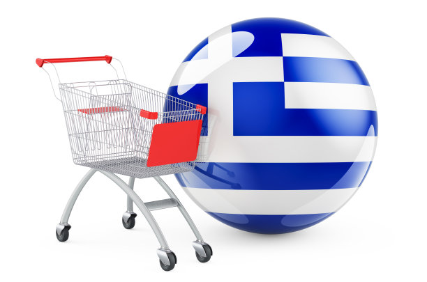 希腊国旗购物车。在希腊购物的概念。在白色背景上隔离的3D渲染图片下载