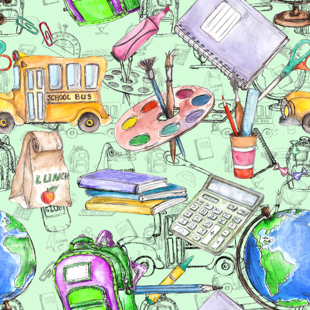 水彩可爱回校复古风格无缝花纹图片下载