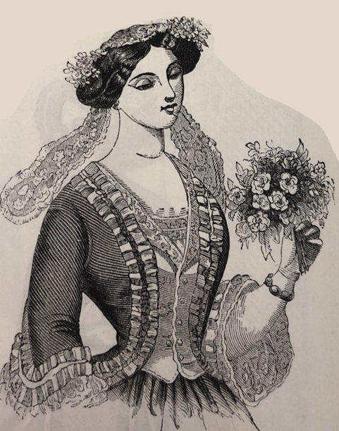 古董插图-哈珀杂志-女人在一个蕾丝裙子拿着花图片下载