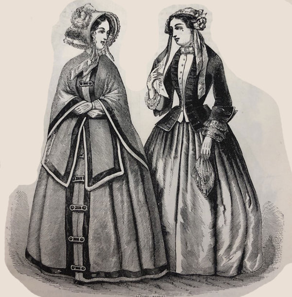 古董插图-哈珀杂志-两名妇女站在从19世纪的长奇装异服图片下载