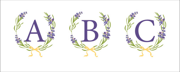 A B C字母。设置现代手绘平面草图插图。带有字母组合的薰衣草花圈。这是婚礼装饰的好主意。复古向量印刷标志，标志，标签设计。图片下载