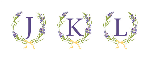 A B C字母。设置现代手绘平面草图插图。带有字母组合的薰衣草花圈。这是婚礼装饰的好主意。复古向量印刷标志，标志，标签设计。图片下载