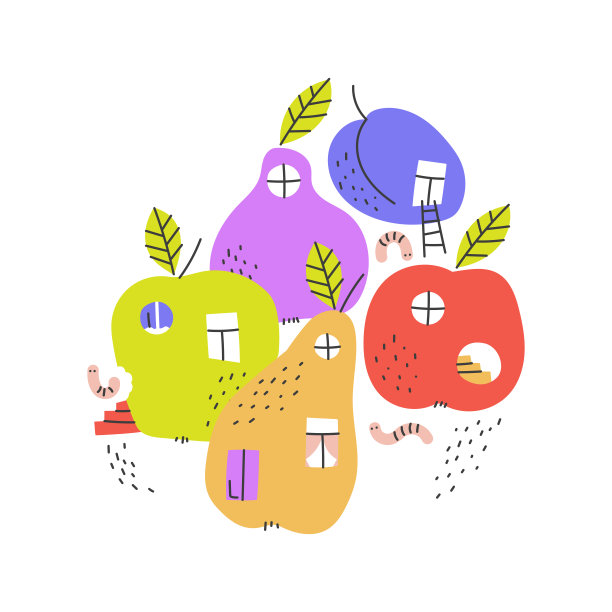 用苹果，李子，梨子做的有趣的毛毛虫房子。可爱的婴儿房图案图片下载