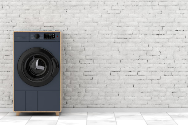 抽象现代时尚优雅的白色砖墙前的木质洗衣机。3d渲染图片下载