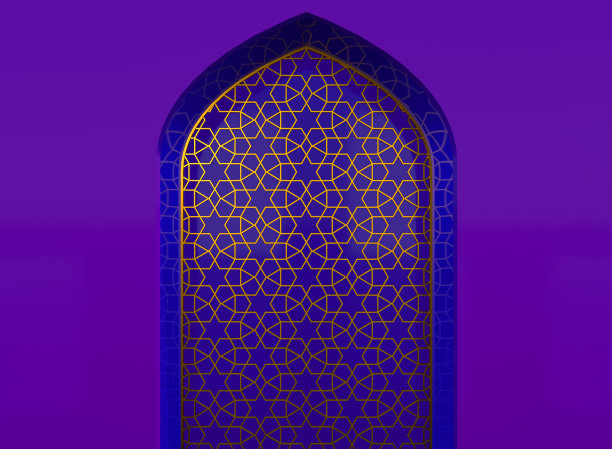 紫色的墙壁上有金色的阿拉伯装饰，门是伊斯兰教的。三维演示图片下载