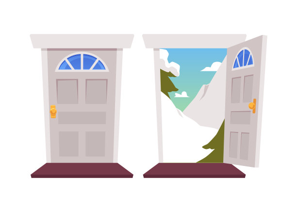 开门和关门的房子大门和门口与雪山景观。图片下载