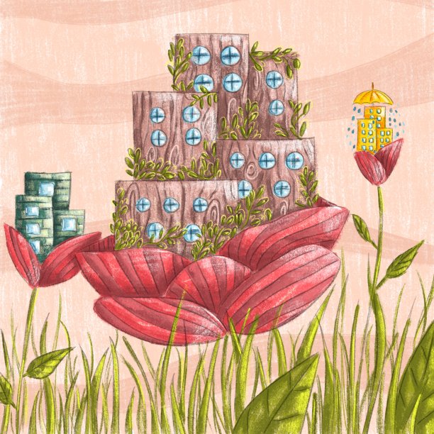 建筑在巨大的花朵上，一个虚构的城镇和草地的插图图片下载