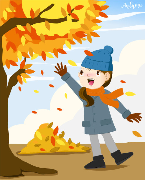女孩漫步在秋叶中图片下载